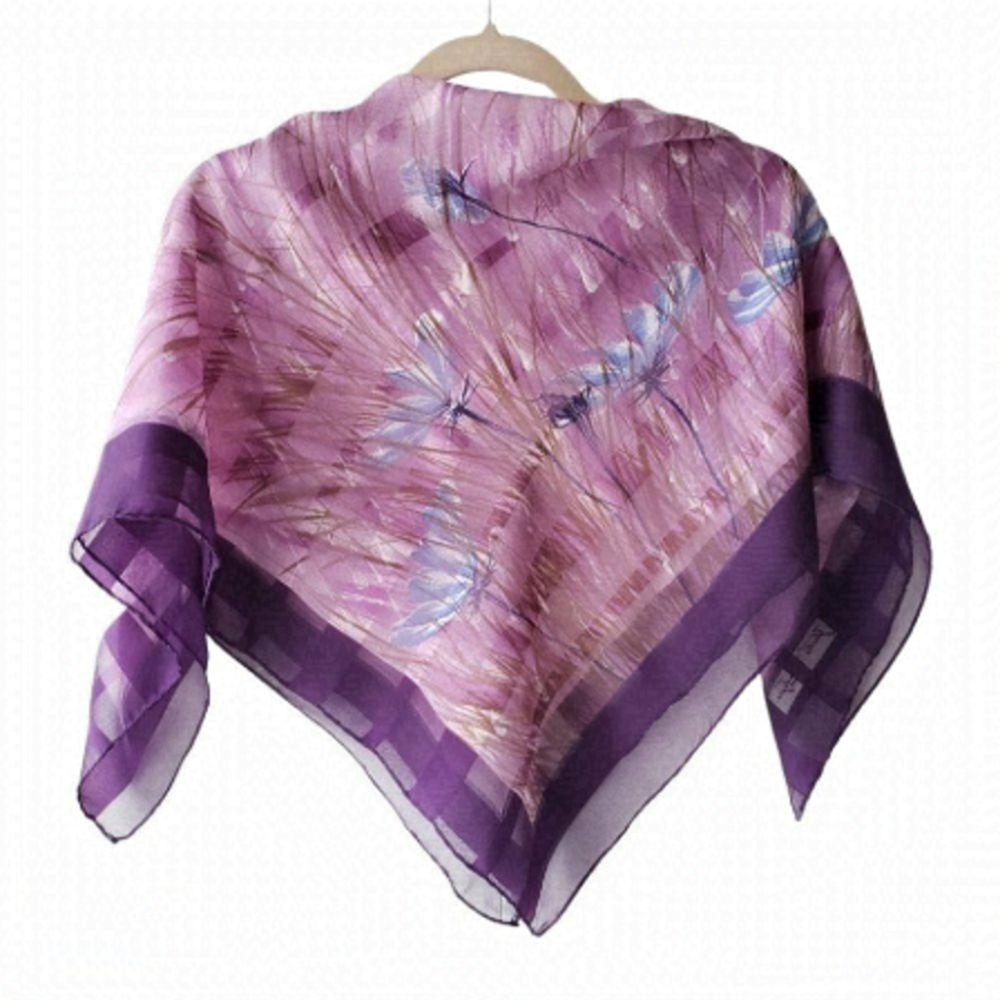 Vintage Chiffon Scarf Purple Lilac & Printed Blue Flowers Semi Sheer